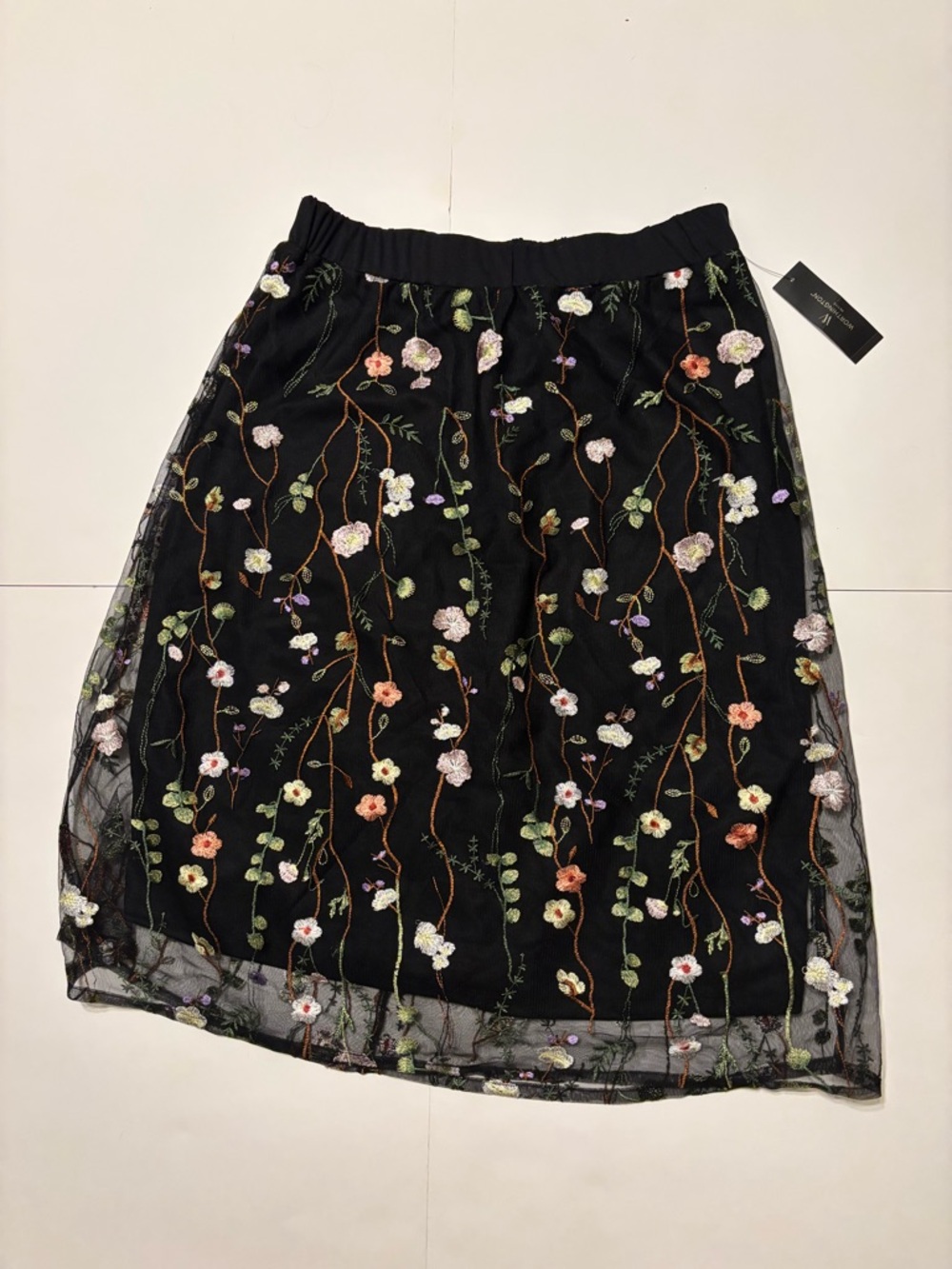 Worthington Black Mesh Midi Skirt with Multicolor Floral Embroidery